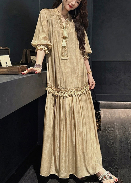 Yellow Print Tasseled Silk Long Dress V Neck Half Sleeve