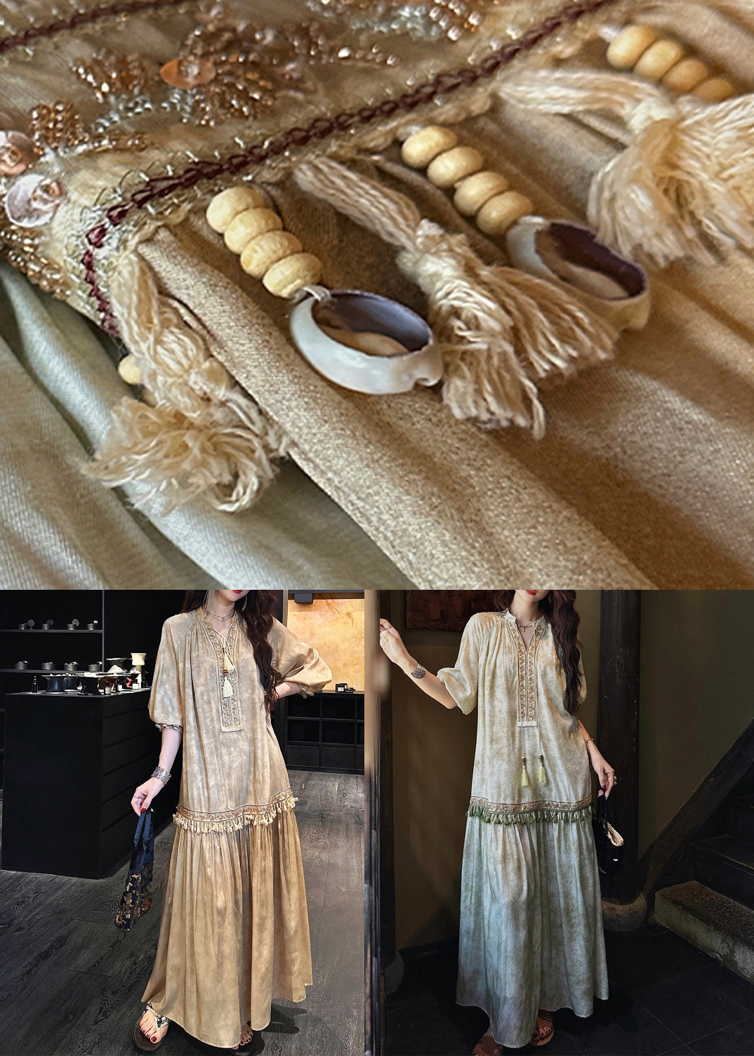 Yellow Print Tasseled Silk Long Dress V Neck Half Sleeve
