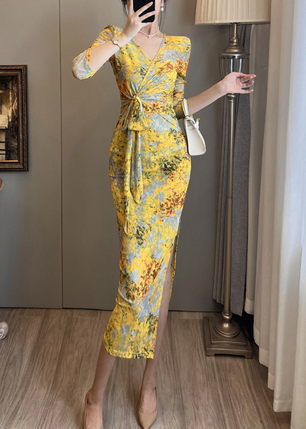 Yellow Print Tulle Party Dress Side Open Summer