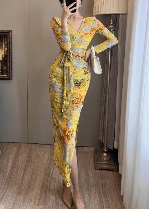 Yellow Print Tulle Party Dress Side Open Summer