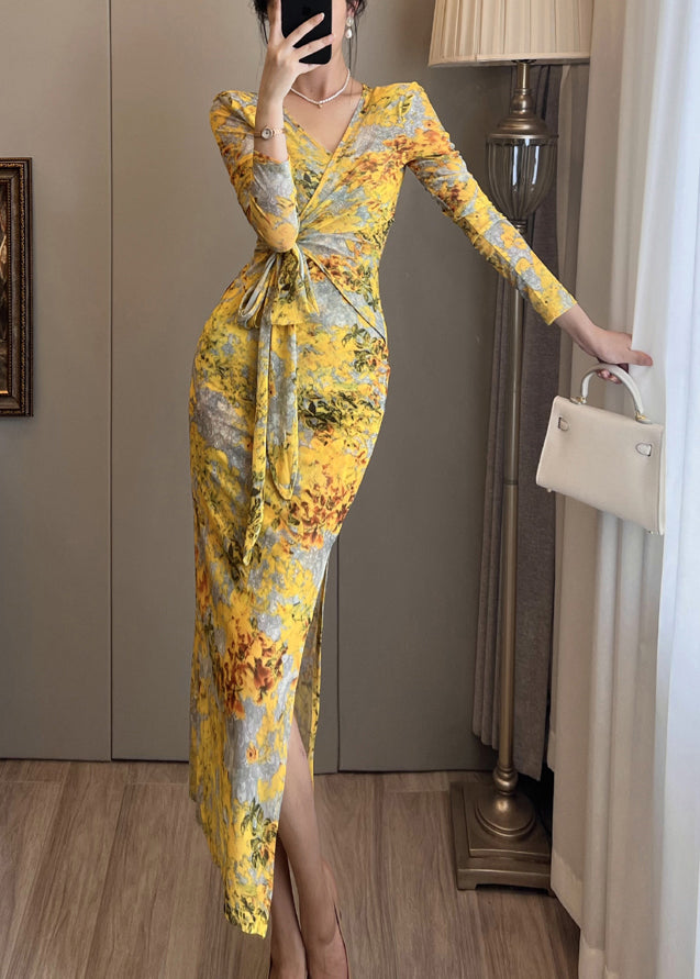 Yellow Print Tulle Party Dress Side Open Summer