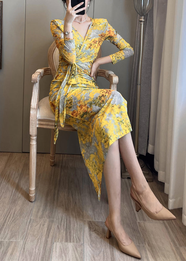 Yellow Print Tulle Party Dress Side Open Summer