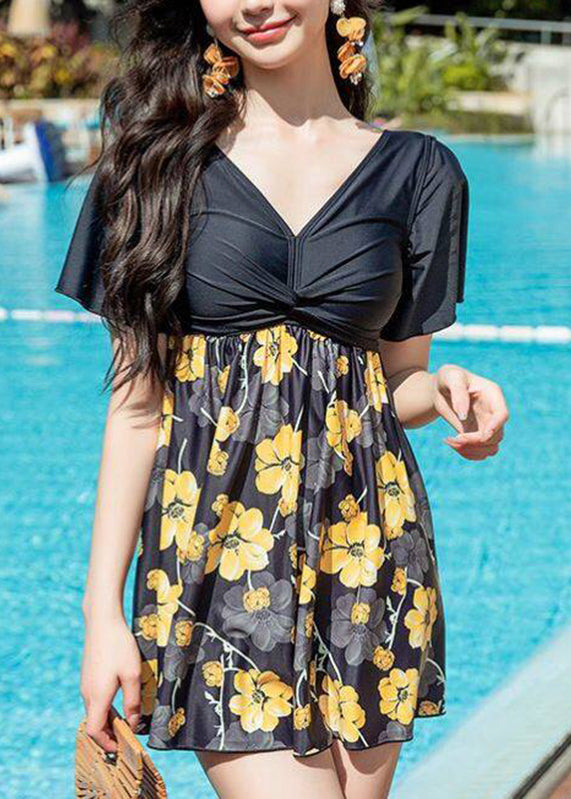 Yellow Print Wrinkled Slips Lingerie Set Swimwear