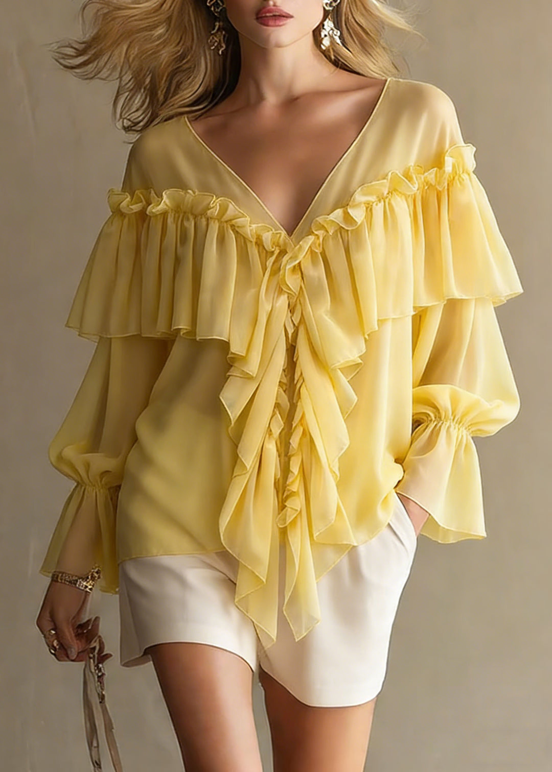 Yellow Ruffled Button Chiffon Shirt Tops V Neck Spring - Omychic