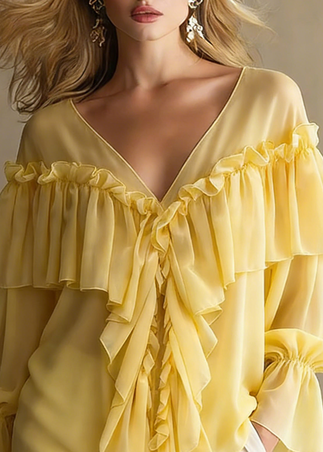 Yellow Ruffled Button Chiffon Shirt Tops V Neck Spring - Omychic
