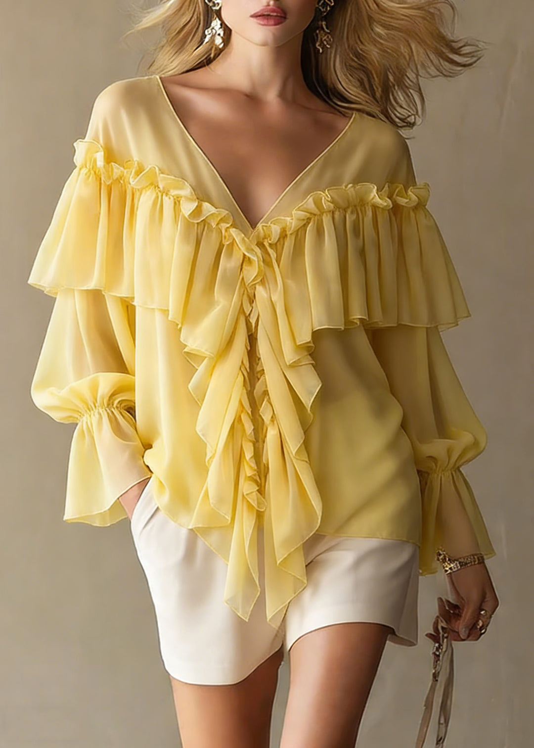 Yellow Ruffled Button Chiffon Shirt Tops V Neck Spring - Omychic
