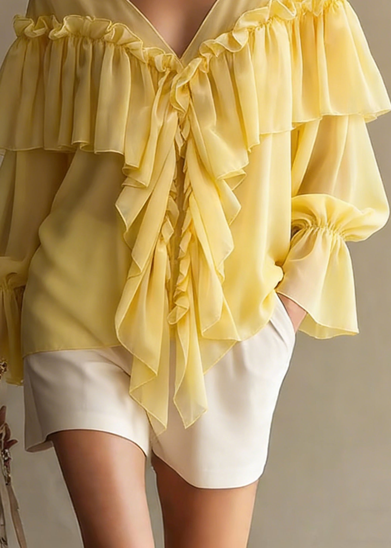 Yellow Ruffled Button Chiffon Shirt Tops V Neck Spring - Omychic