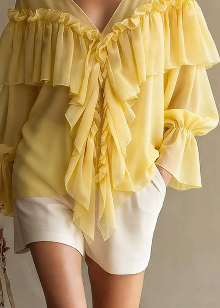 Yellow Ruffled Button Chiffon Shirt Tops V Neck Spring - Omychic