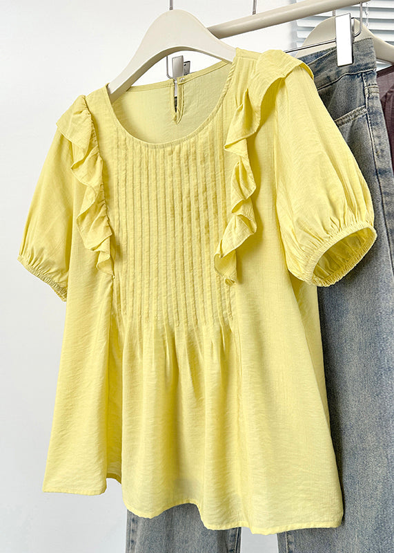 Yellow Ruffled Button Solid Cotton Shirts O Neck
