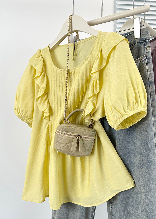 Yellow Ruffled Button Solid Cotton Shirts O Neck