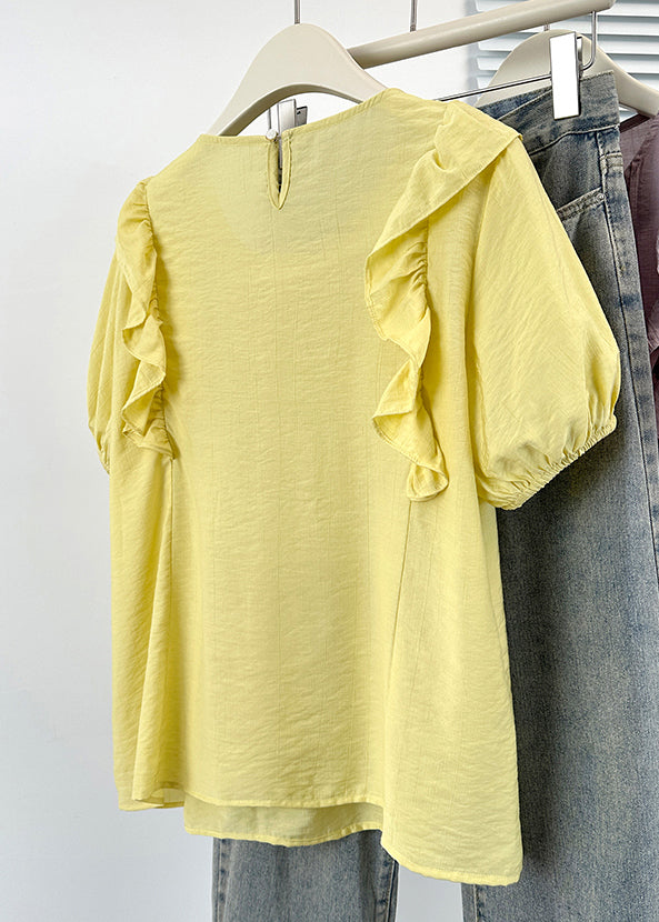 Yellow Ruffled Button Solid Cotton Shirts O Neck