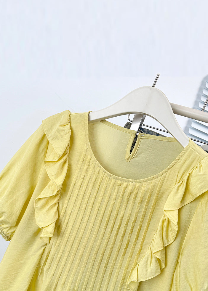 Yellow Ruffled Button Solid Cotton Shirts O Neck