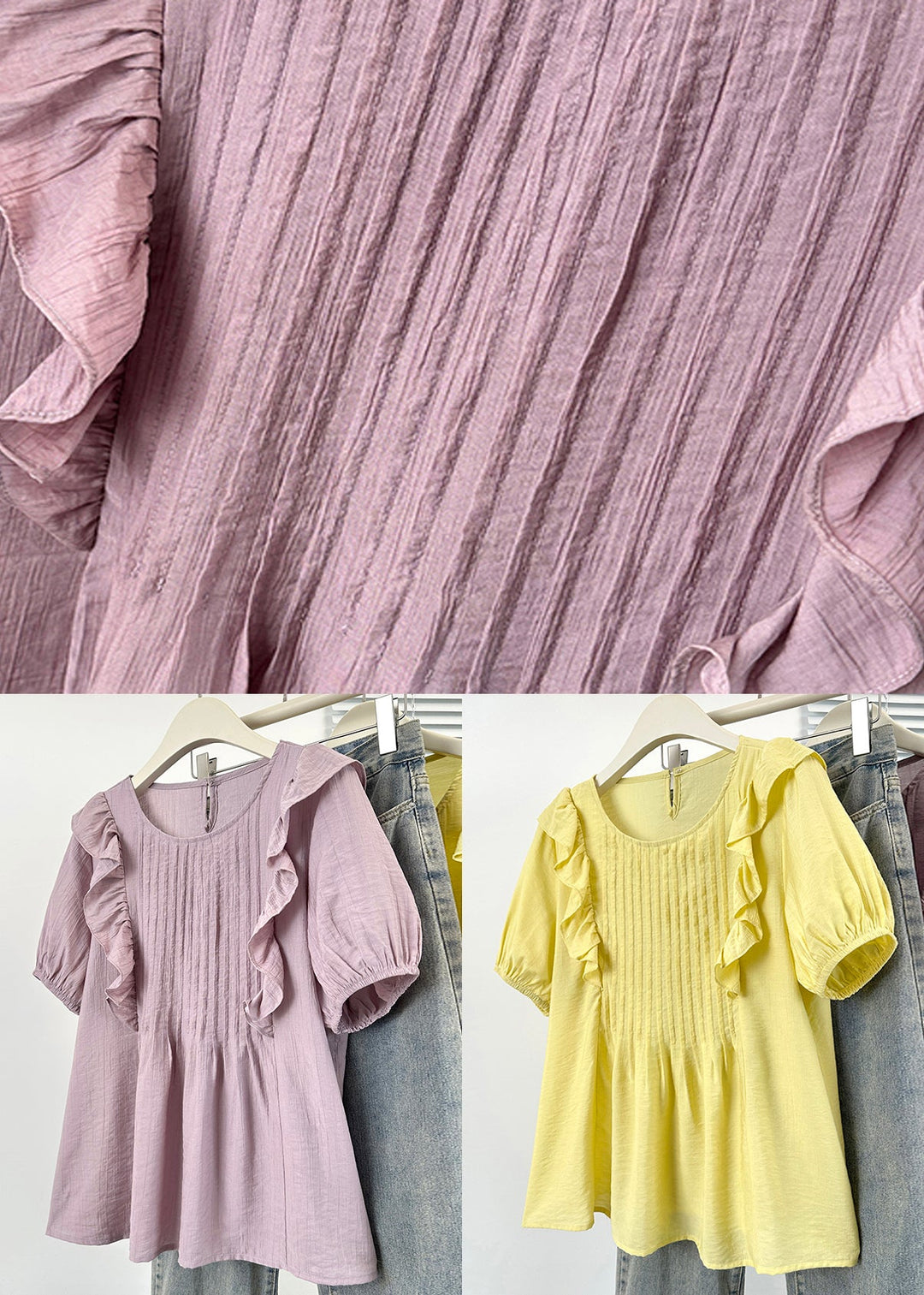Yellow Ruffled Button Solid Cotton Shirts O Neck