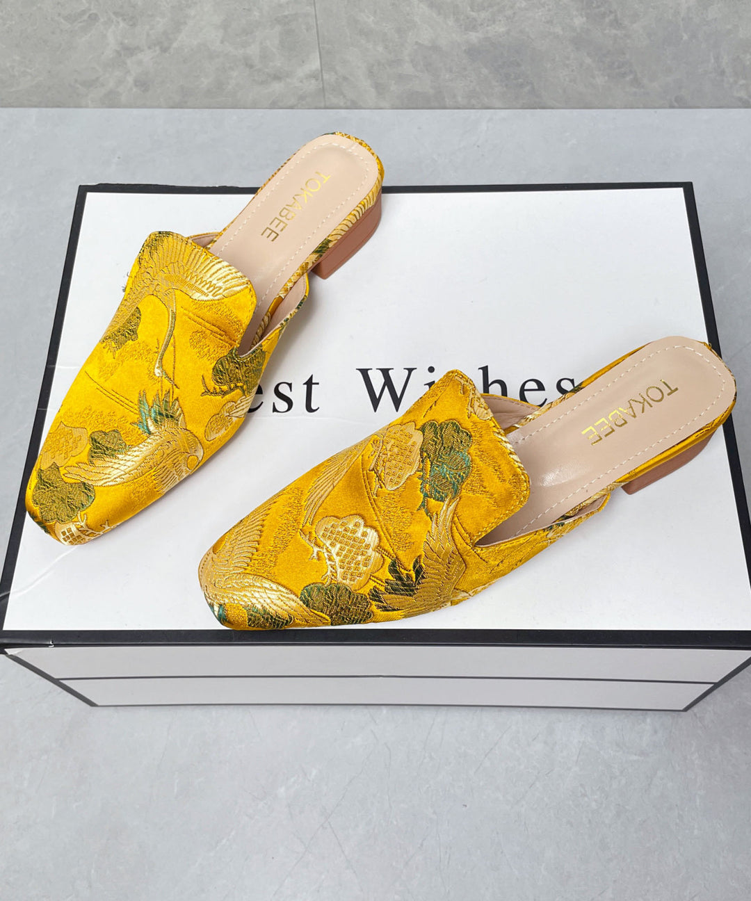 Yellow Satin Embroidered Chinese Style Splicing Slide Sandals