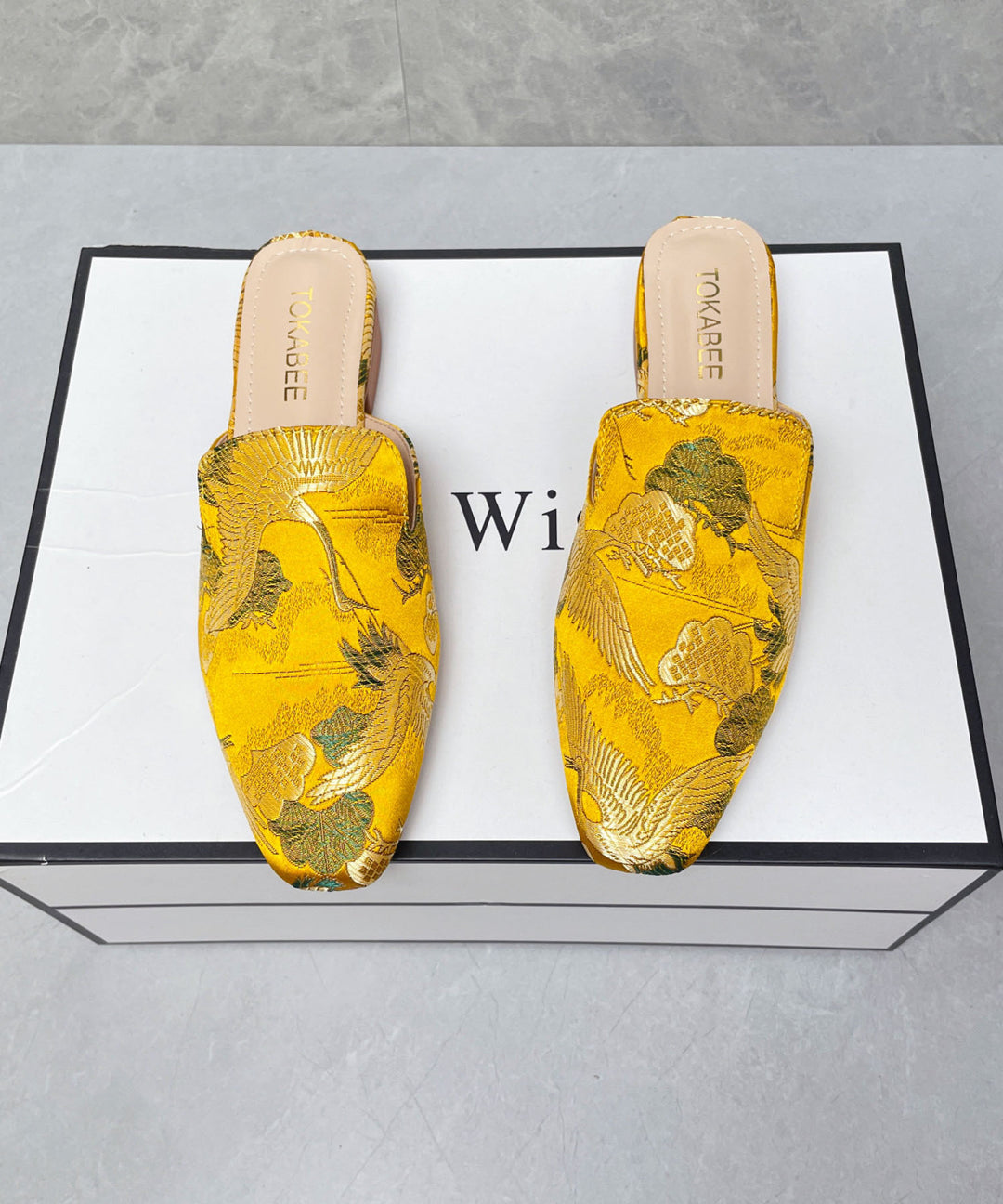 Yellow Satin Embroidered Chinese Style Splicing Slide Sandals