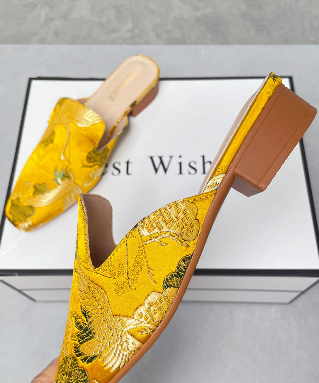 Yellow Satin Embroidered Chinese Style Splicing Slide Sandals
