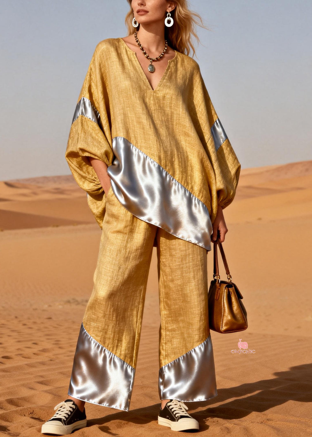 Yellow Silk Patchwork Tops And Pants Two Pieces Set V Neck Spring