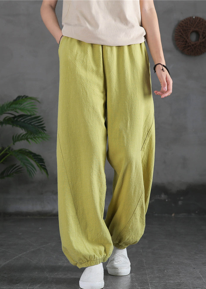 Yellow Solid Cotton Beam Pants Elastic Waist Spring