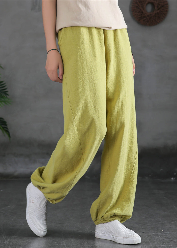 Yellow Solid Cotton Beam Pants Elastic Waist Spring
