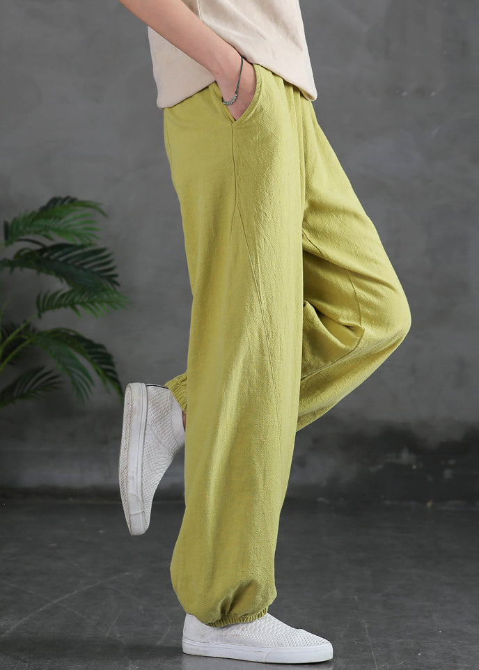 Yellow Solid Cotton Beam Pants Elastic Waist Spring