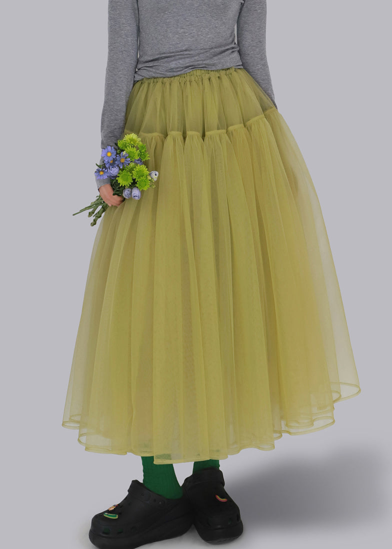Yellow Solid Elastic Waist Tulle Skirt Ruffled
