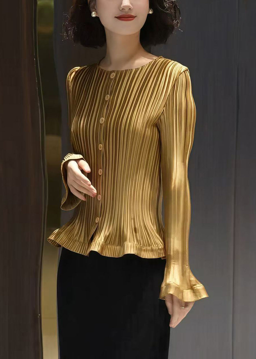 Yellow Striped Cotton Shirt O Neck Flare Sleeve