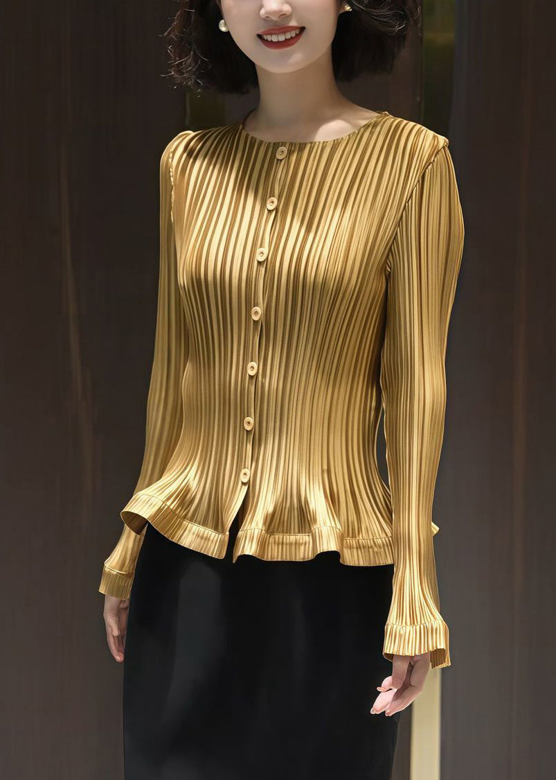 Yellow Striped Cotton Shirt O Neck Flare Sleeve