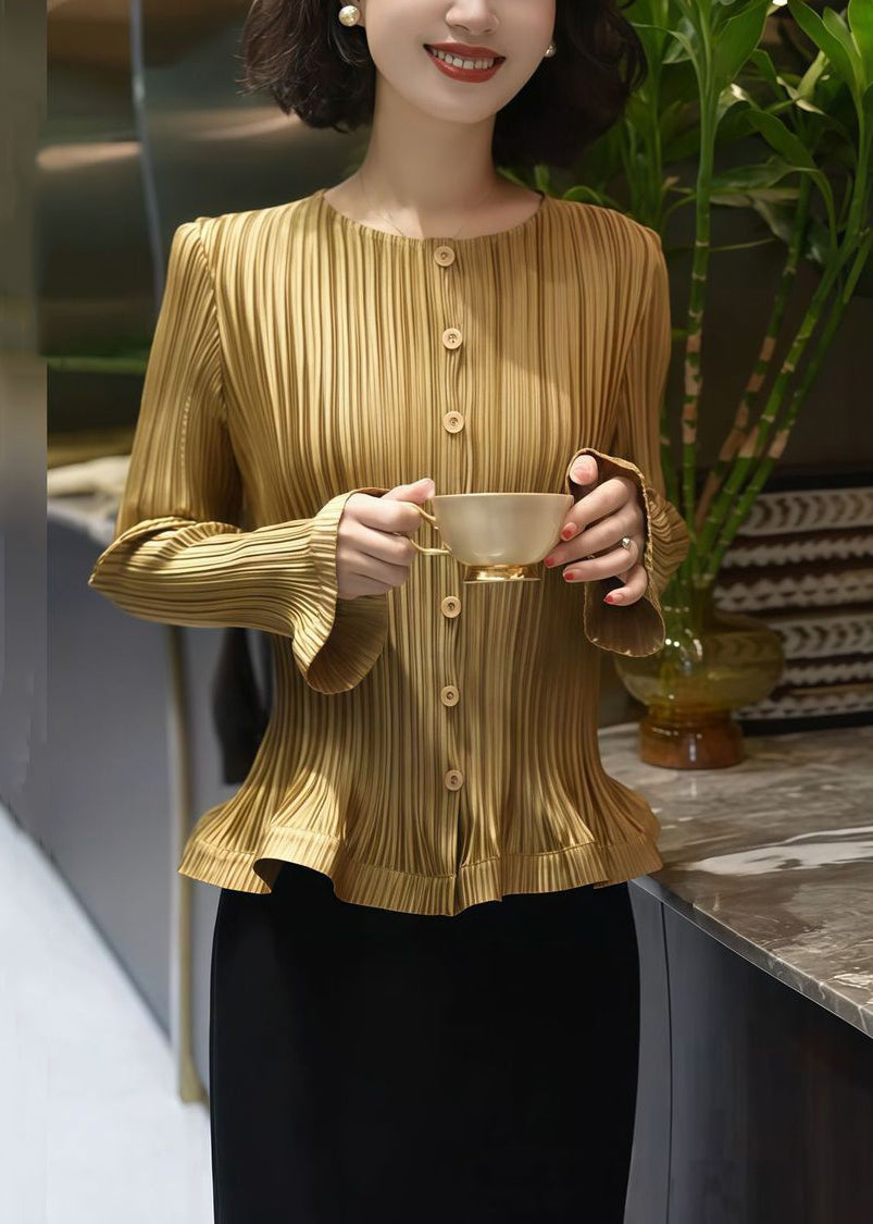 Yellow Striped Cotton Shirt O Neck Flare Sleeve