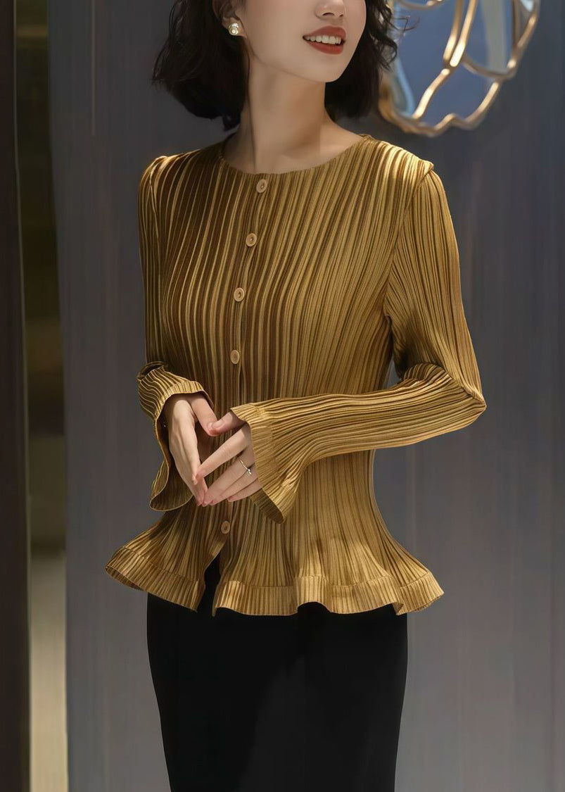 Yellow Striped Cotton Shirt O Neck Flare Sleeve