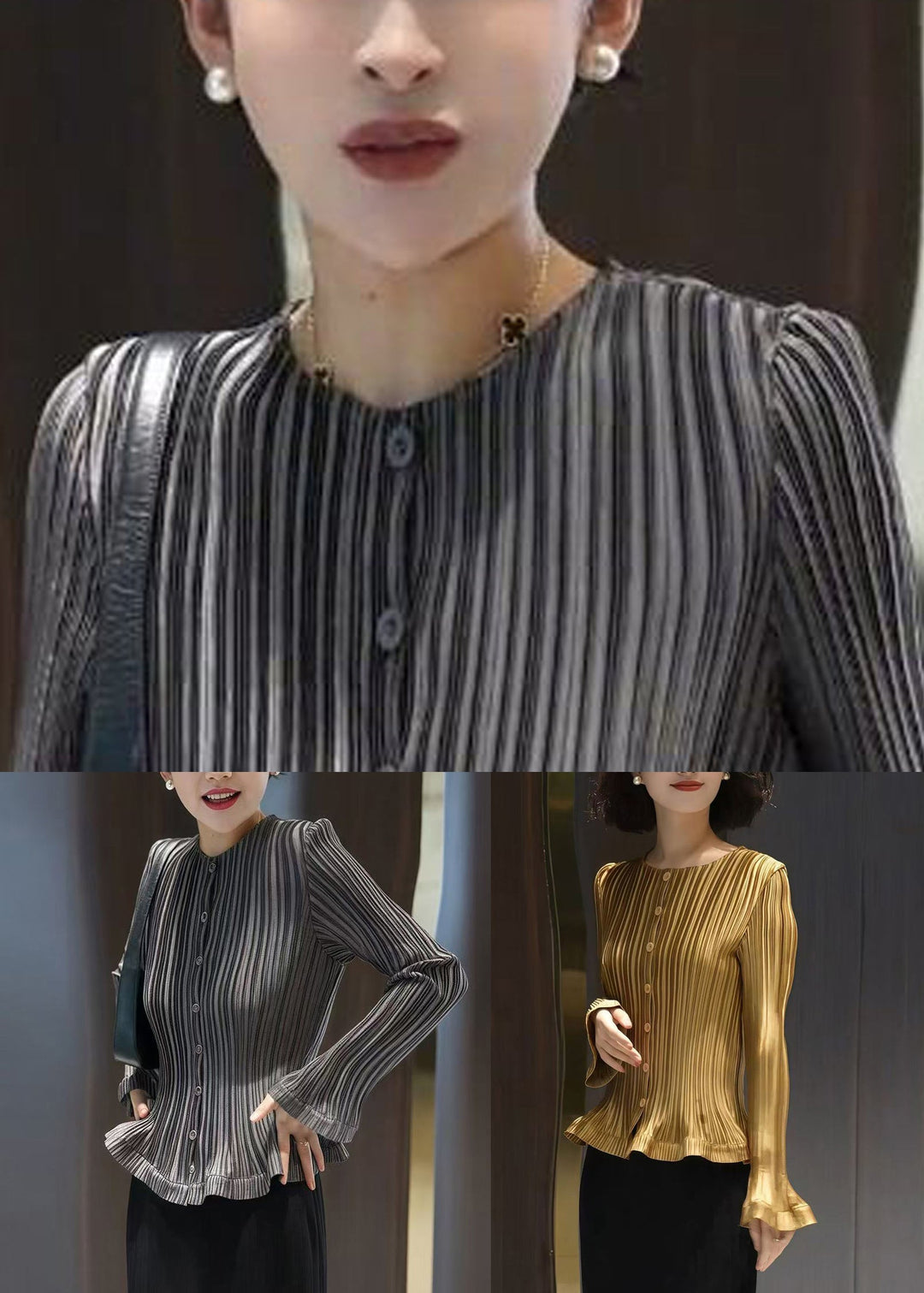 Yellow Striped Cotton Shirt O Neck Flare Sleeve