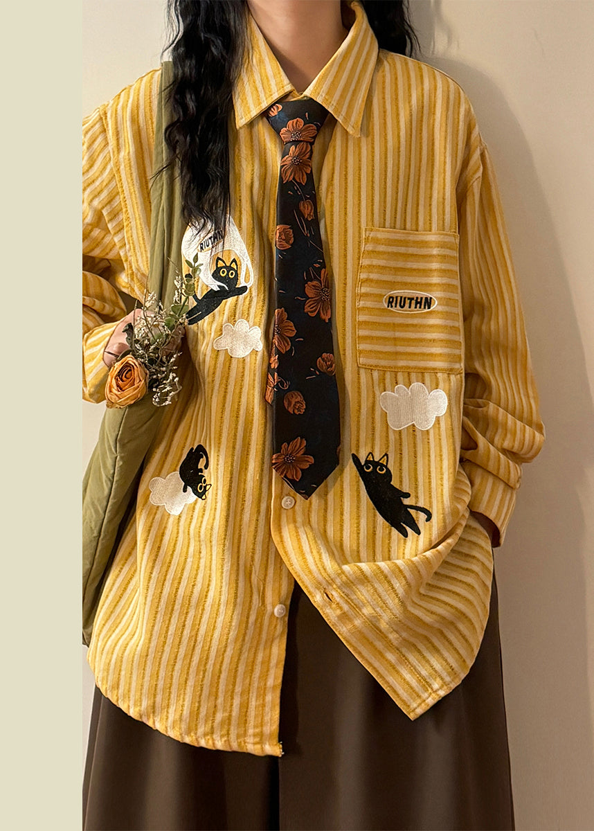 Yellow Striped Pockets Shirt Embroidered Spring