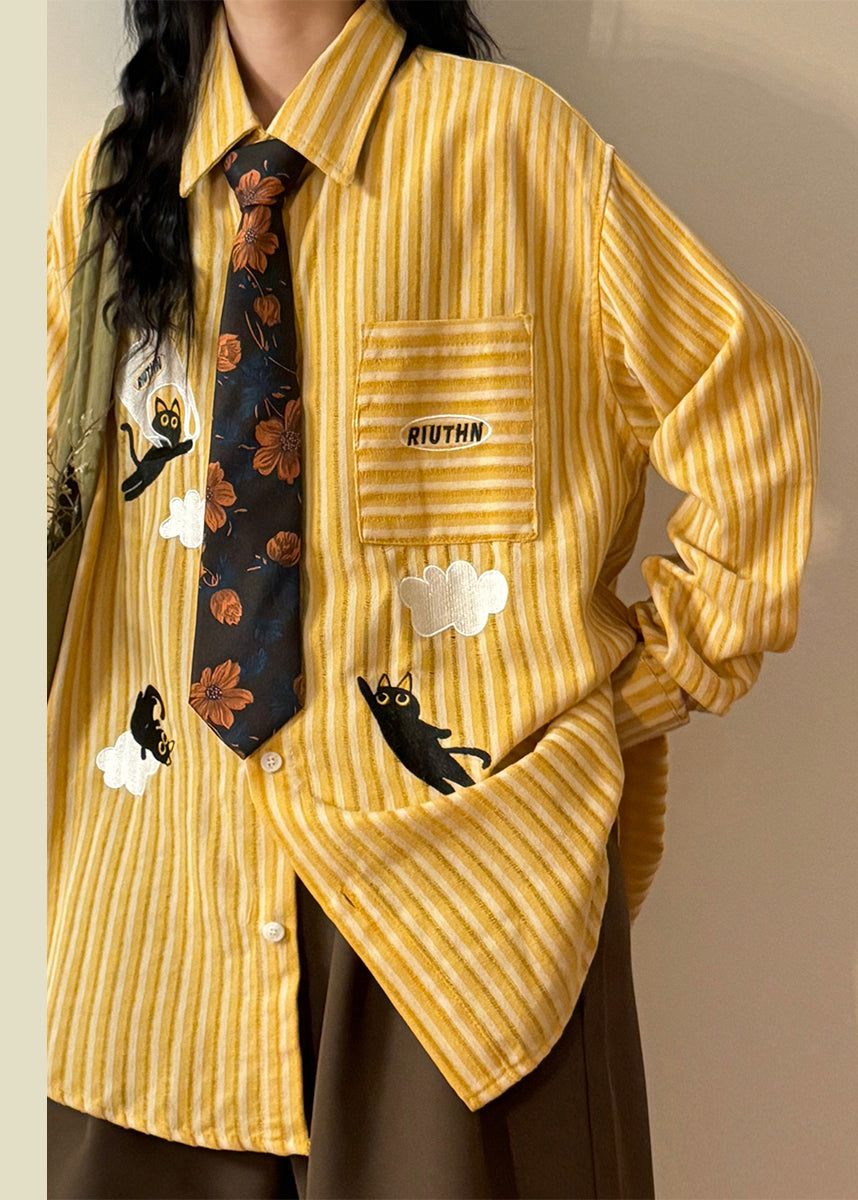 Yellow Striped Pockets Shirt Embroidered Spring