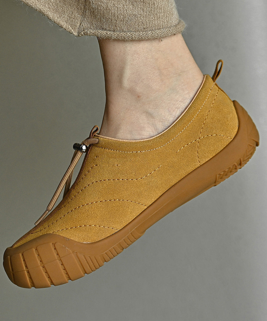 Yellow Suede Drawstring Splicing Casual Flat Shoes