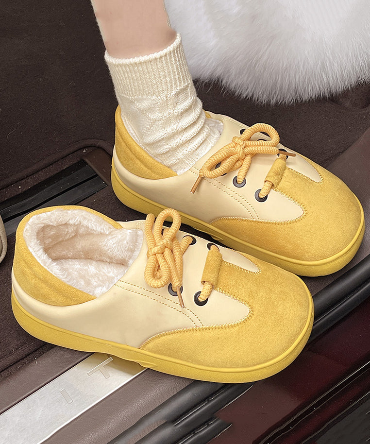 Yellow Suede Lace Up Splicing Flat Feet Shoes Fuzzy Wool Lined