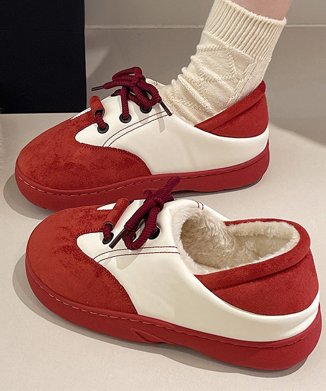 Yellow Suede Lace Up Splicing Flat Feet Shoes Fuzzy Wool Lined