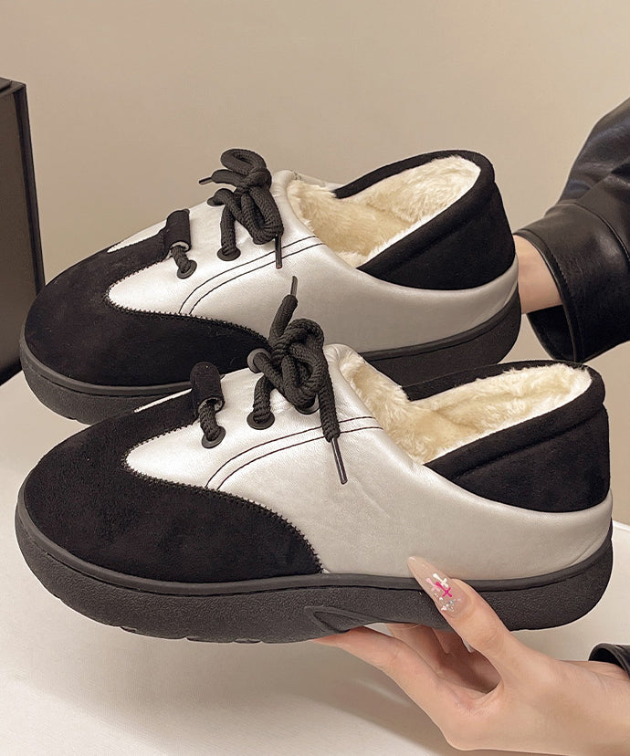 Yellow Suede Lace Up Splicing Flat Feet Shoes Fuzzy Wool Lined