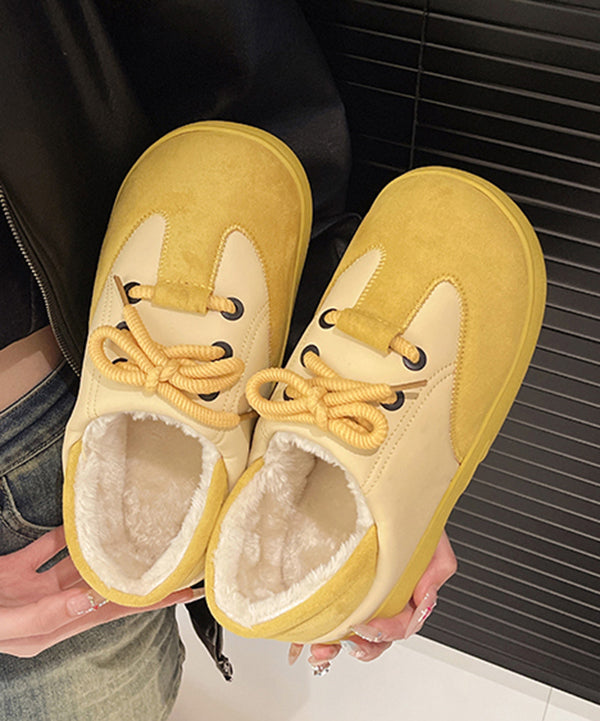 Yellow Suede Lace Up Splicing Flat Feet Shoes Fuzzy Wool Lined