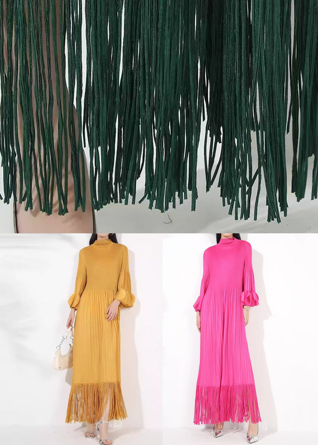 Yellow Tasseled Cotton Long Dress Turtleneck Petal Sleeve