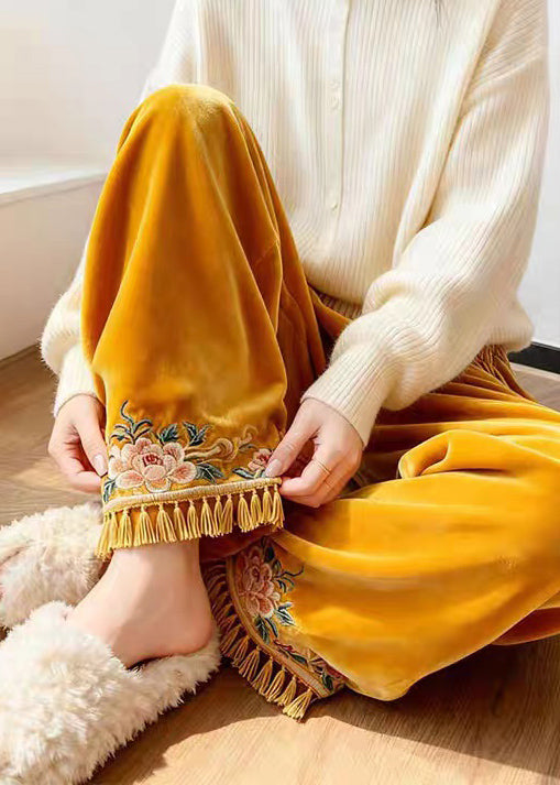 Yellow Tasseled Elastic Waist Silk Velvet Pants Embroidered