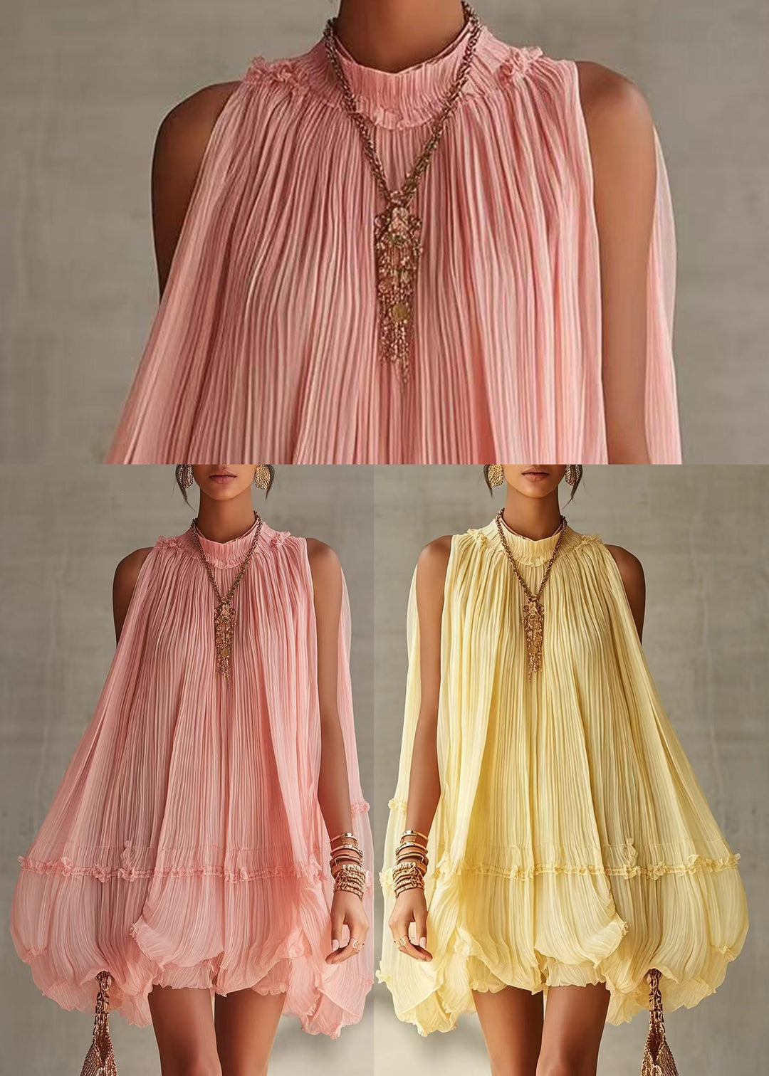 Yellow Vacation Dress Halter Wrinkled Wide Swing Sleeveless
