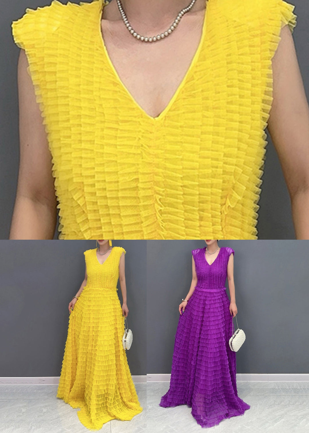 Yellow Wrinkled Solid Vacation Maxi Cake Dresses Summer