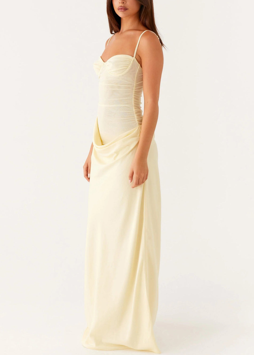 Yellow Wrinkled Tulle Patchwork Spaghetti Strap Dress Backless Summer