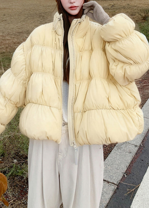 Yellow Zippered Drawstring Loose Duck Down Down Coats Wrinkled