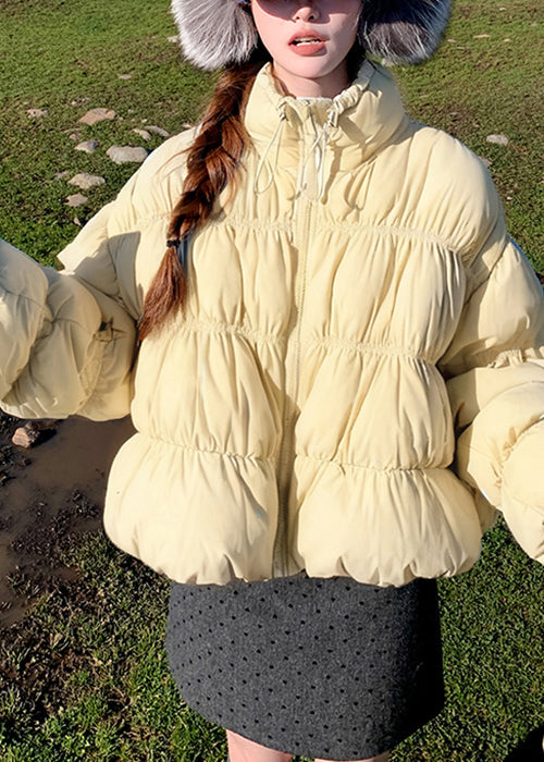 Yellow Zippered Drawstring Loose Duck Down Down Coats Wrinkled