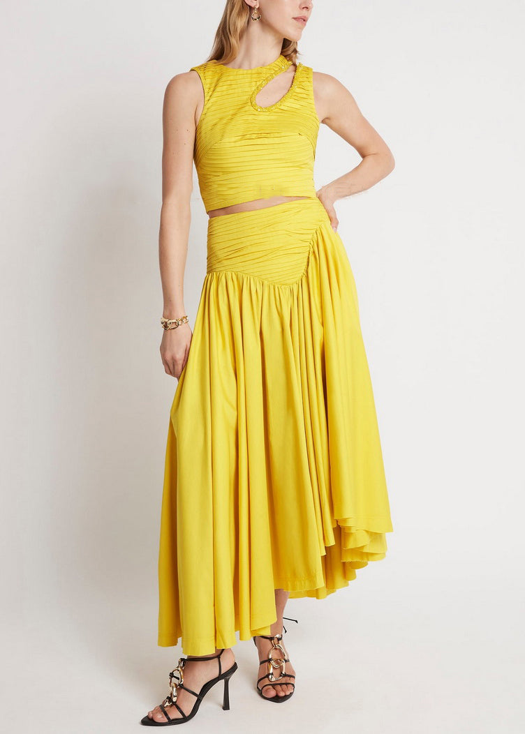 Yellow Zippered Tank And Skirts Cotton Two Pieces Set Wrinkled Summer