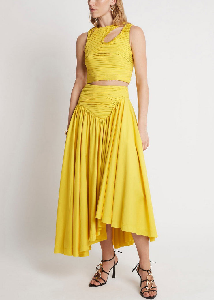 Yellow Zippered Tank And Skirts Cotton Two Pieces Set Wrinkled Summer