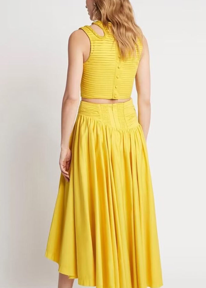 Yellow Zippered Tank And Skirts Cotton Two Pieces Set Wrinkled Summer
