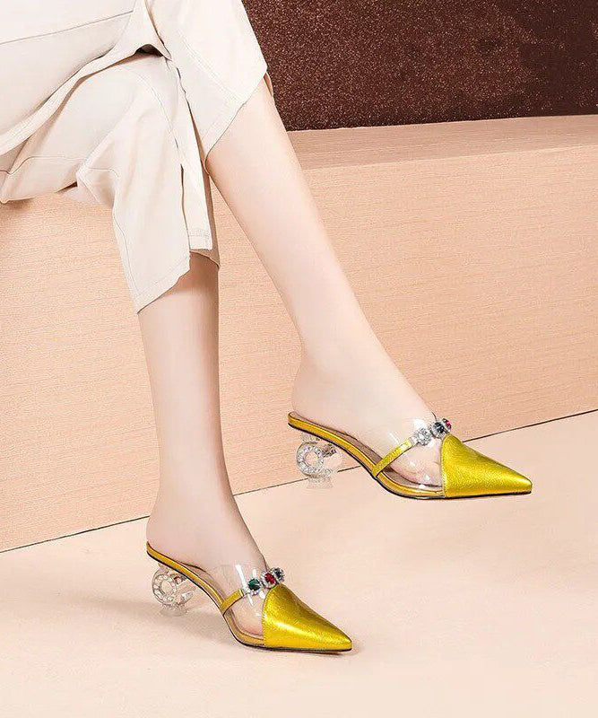 Yellow Zircon Splicing Chunky Slide Sandals Pointed Toe