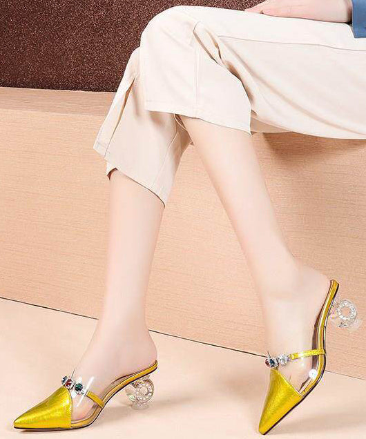 Yellow Zircon Splicing Chunky Slide Sandals Pointed Toe
