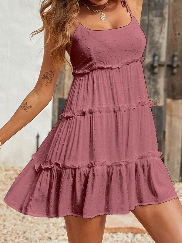 Loose Jacquard Layered Pleated Spaghetti-Neck Mini Dresses